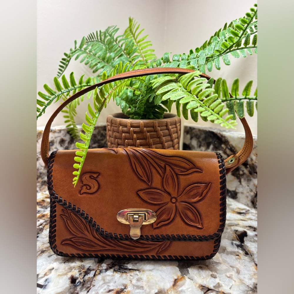 Initial S Floral Embossed Brown Leather Handbag